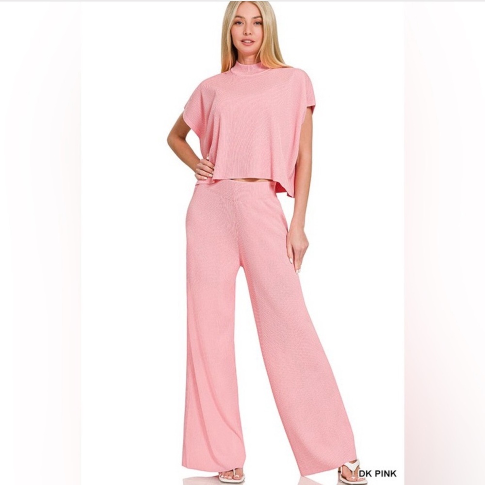 Pink Short Sleeve Sweater Top and Pant Set